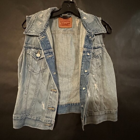 Levis denim Vest Size Medium Hand Painted Jeans Distressed Rock Art Skull Grunge - Picture 6 of 6